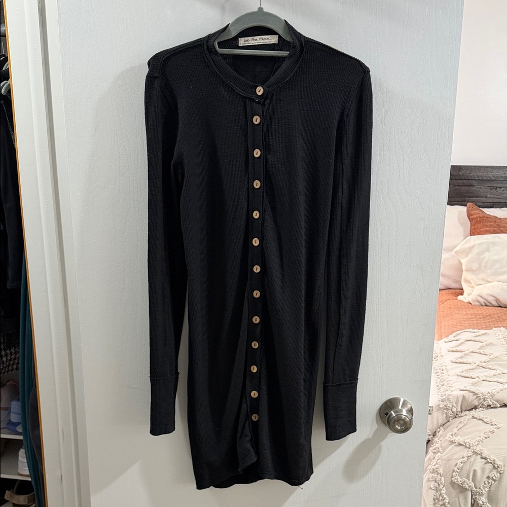 FP Movement by Free People Black Long-Sleeve Ribbed Button-Front Dress